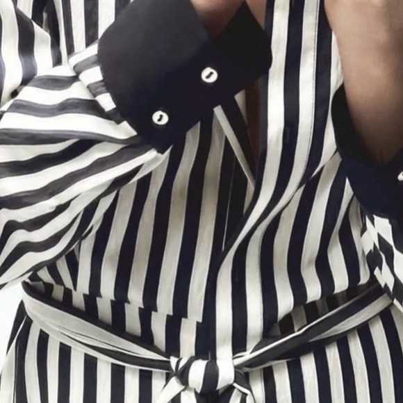 Zara Navy Stripped Pleated button down  Dress, Belted, Size XS - Picture 2 of 2